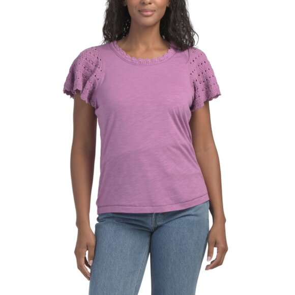 DEMOCRACY Purple Crochet Flutter Sleeve Scoop Neck Knit Top - Picture 1 of 2